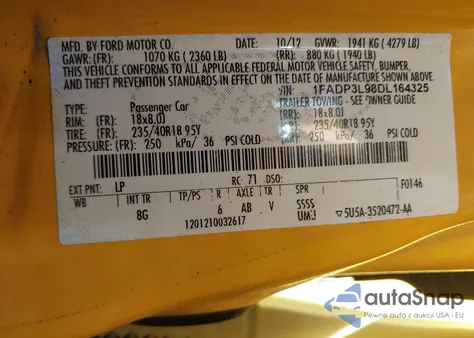 2013 Ford Focus St z USA, uszkodzony, nr VIN 1FADP3L98DL164325